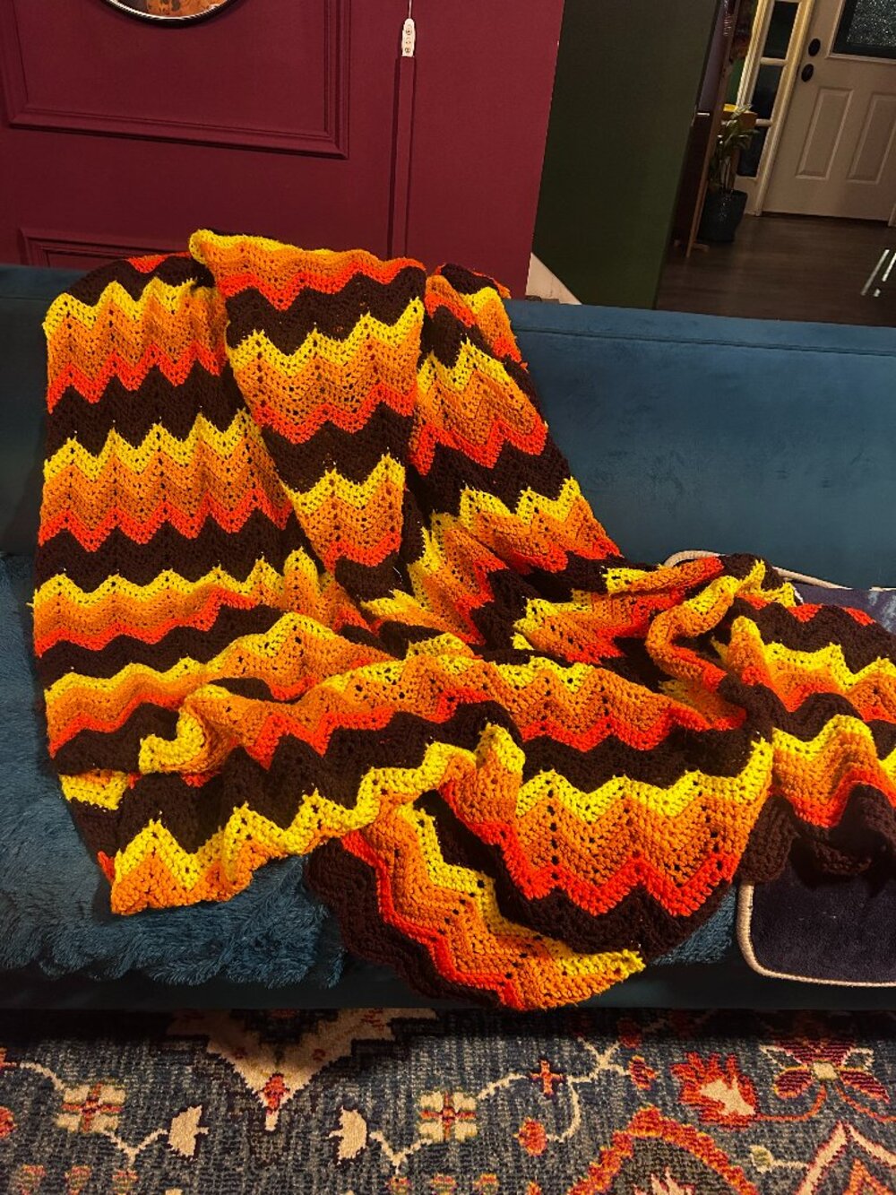 Hand crochet vintage blanket orange red yellow brown